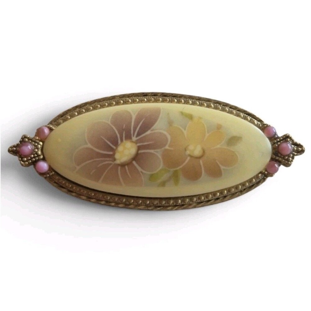 Vintage 1928 Brooch Pin Ceramic Fliral Gold Tone